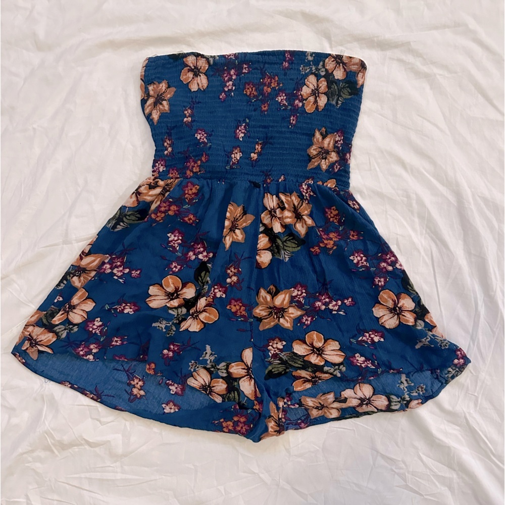 Blue Floral Tube Top Romper with Tie Back Size Small